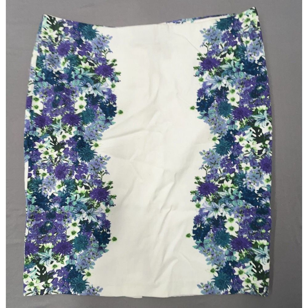 Roz & Ali Skirt 16 White Blue‎ Purple Floral Cotton Stretch Pencil Lined Career